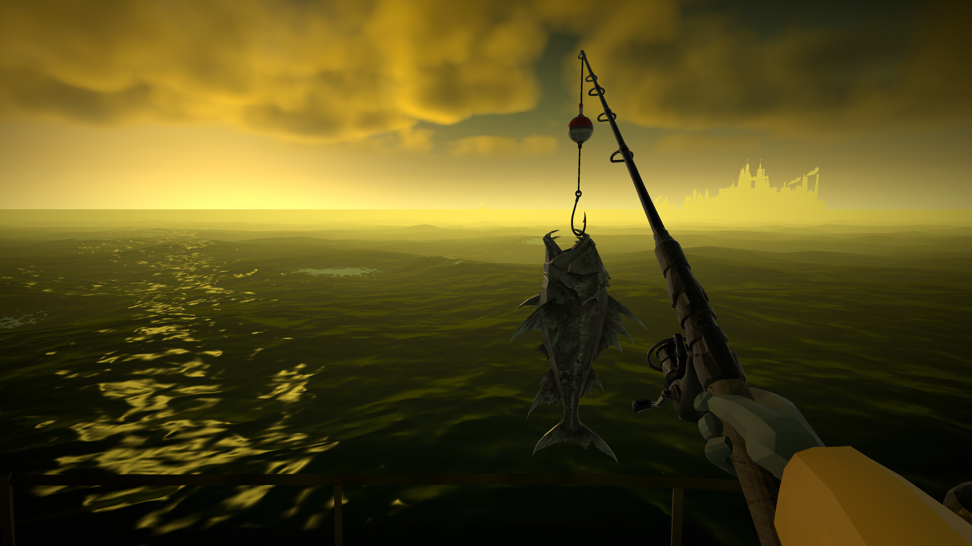 A fish hanging from the rod above dark open water