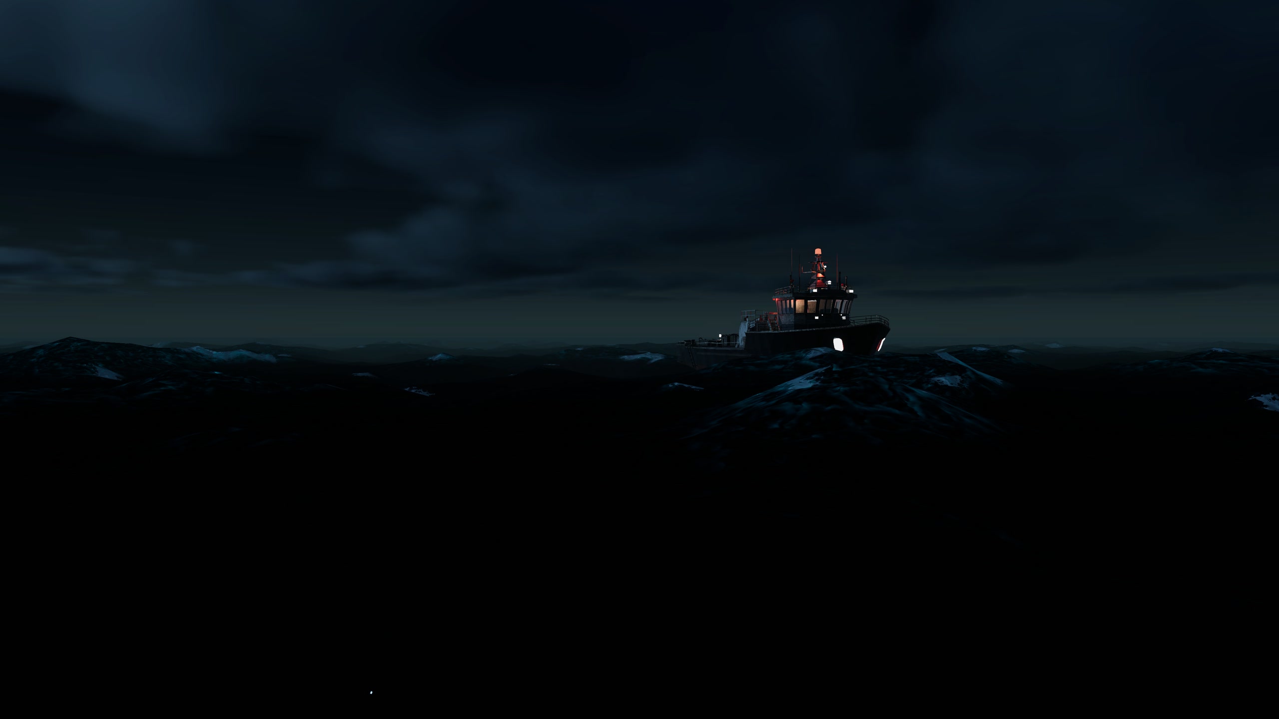 A small illuminated Reel Risk boat alone on dark open water, recorded in Unity